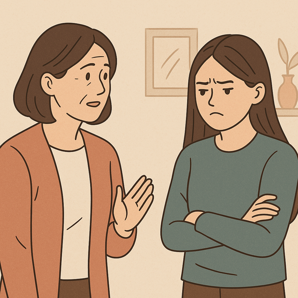 불편해하는딸의모습과조용히설명하는엄마의사진