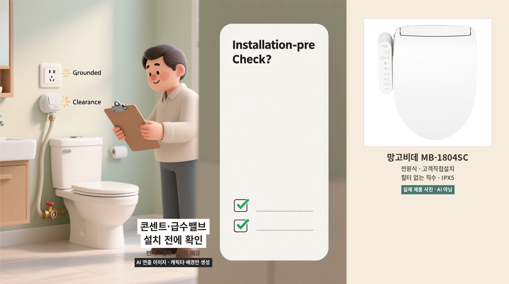 비데 설치 전 콘센트와 급수 밸브를 확인하는 AI 연출과 실제 제품 사진