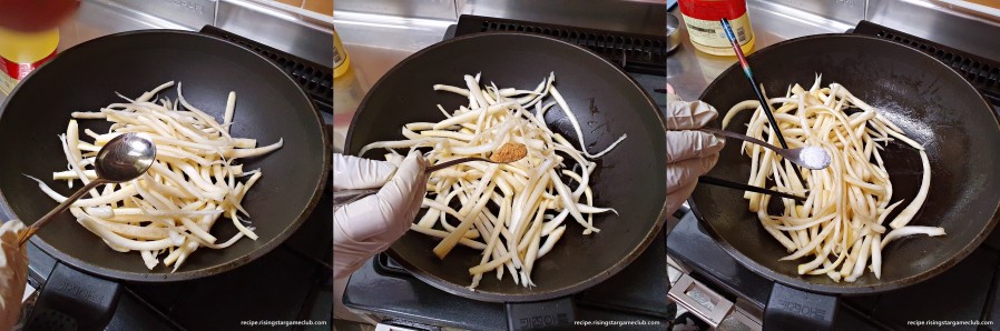 도라지나물을 볶기 위해서 도라지가 담긴 팬에 식용유 2T, 다시다 1Ts, 맛소금 1Ts를 넣어주는 사진