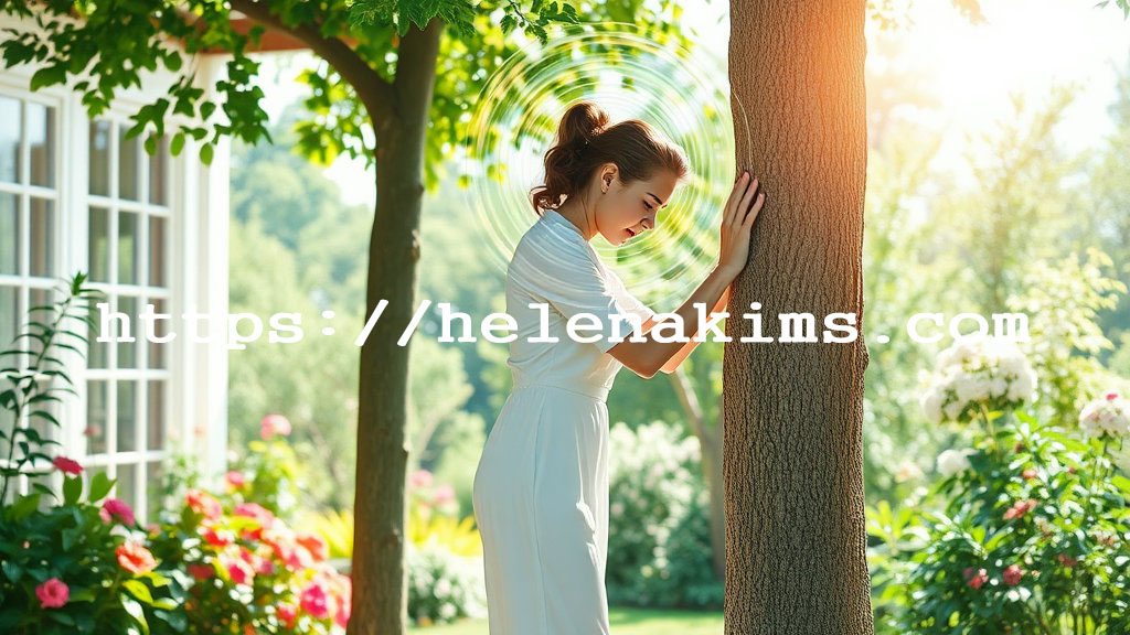 한 여성이 정원에서 앉았다가 일어서며 어지럼을 나무를 잡고 쉬고 있는 모습