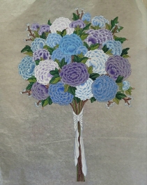 흰색과 푸른색 보라색의 모란을 리본으로 묵어 부케로 만들어 재 해석한 현대 창작민화 모란 부케의 그림