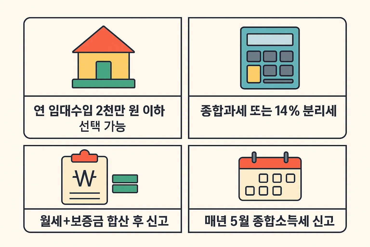 연 임대수입 2천만 원 이하 선택 가능 과세 방식, 분리과세 또는 종합과세 기준, 월세·보증금 합산 후 신고, 5월 종합소득세 신고 절차를 정리한 안내 인포그래픽
