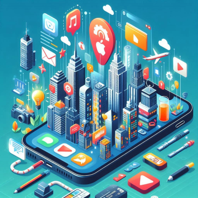 도심을 형상화한 앱 아이콘들이 스마트폰 위에 배열된 디지털 도시 풍경