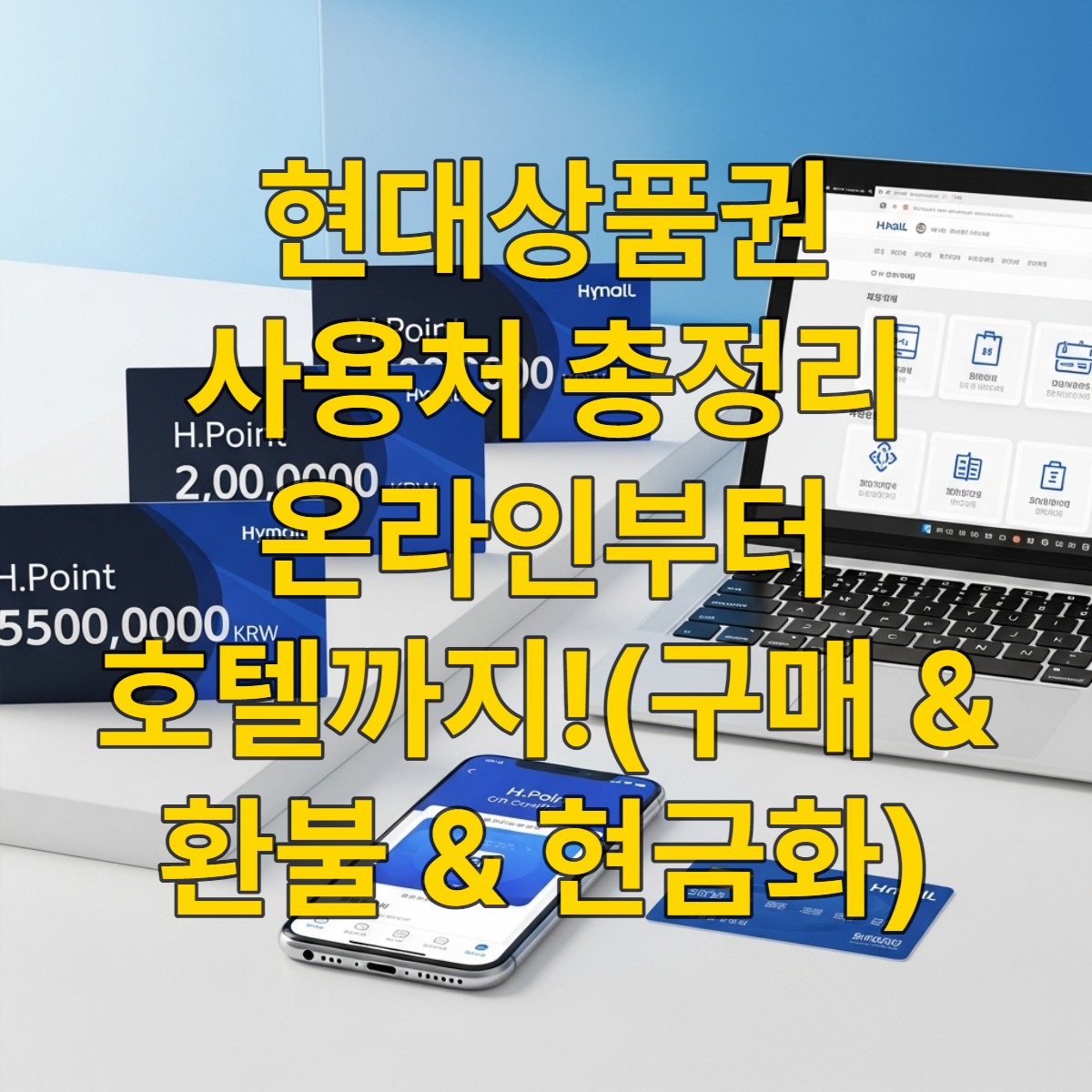 현대상품권 여러 권과 H.Point 앱이 보이는 스마트폰, Hmall 웹사이트가 열린 노트북이 놓여 있어 온라인 사용의 편리함을 나타내는 모습