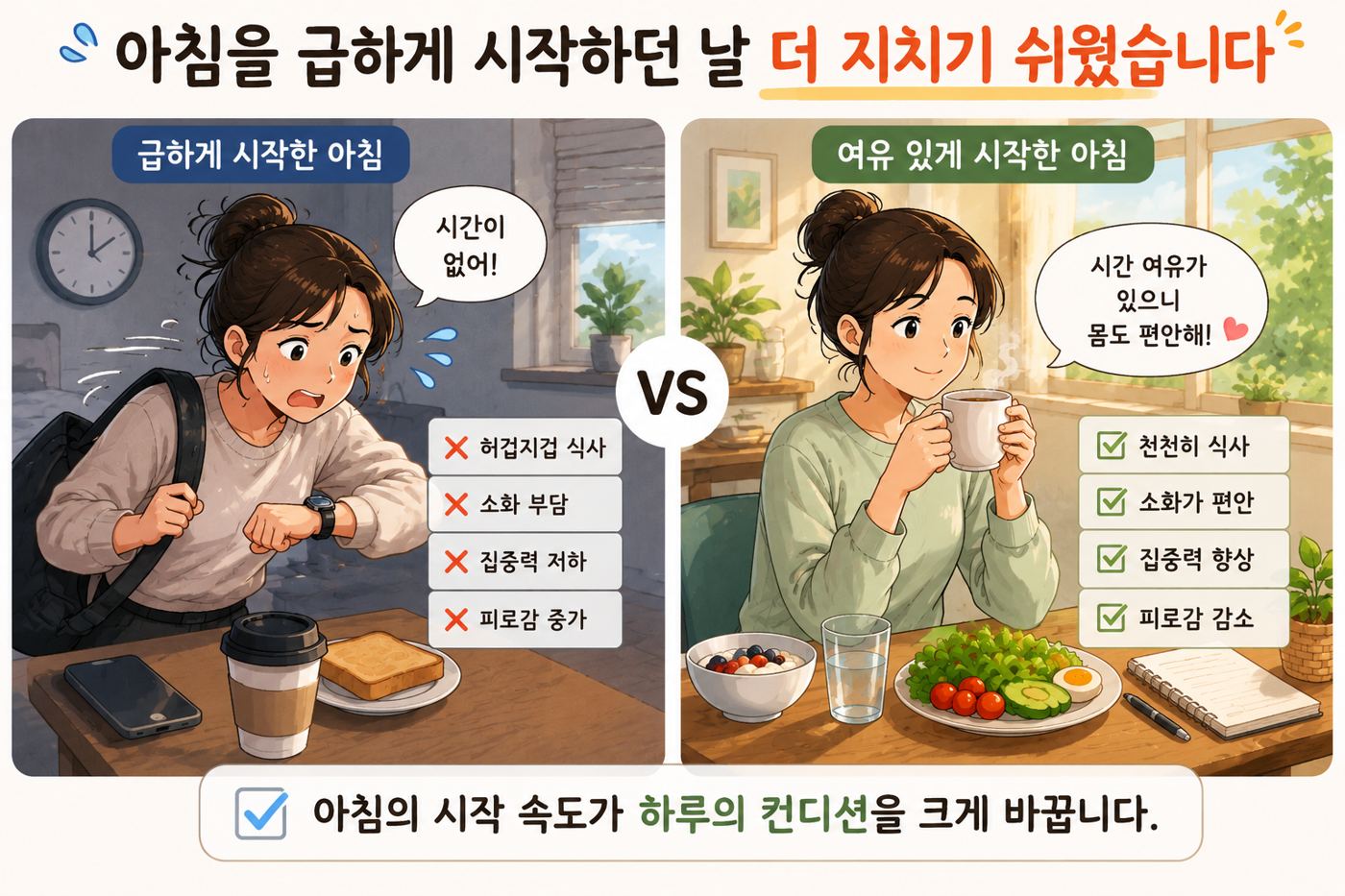아침을 급하게 시작하던 날 더 지치기 쉬웠습니다