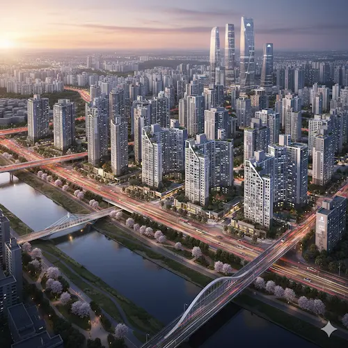 한국의 가상 대도시 고층 아파트 단지 전경, 석양 아래 빛나는 현대적인 도시 부동산 풍경