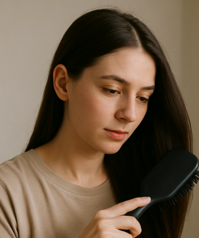 머리카락을 관리하고 있는 여성 사진