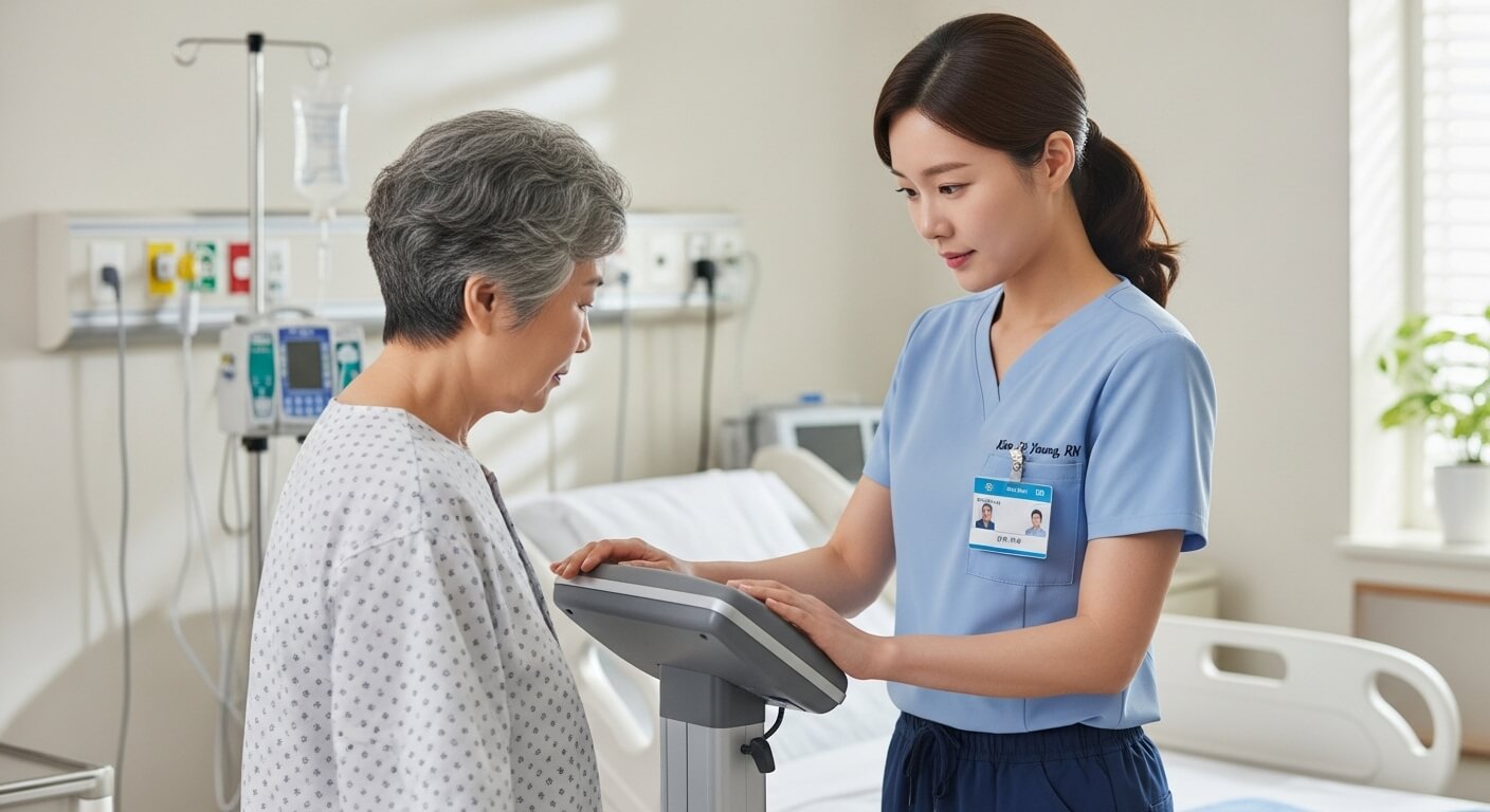 병원에서 간호사가 노인 여성의 체중을 측정하는 장면