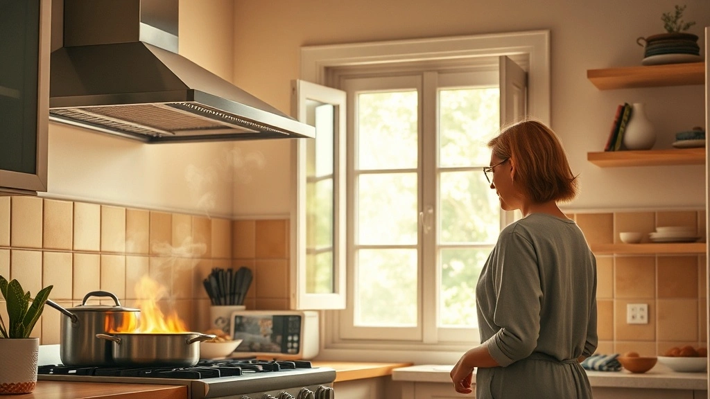 주방에서 가스레인지로 요리하며 연기가 피어오르는 장면