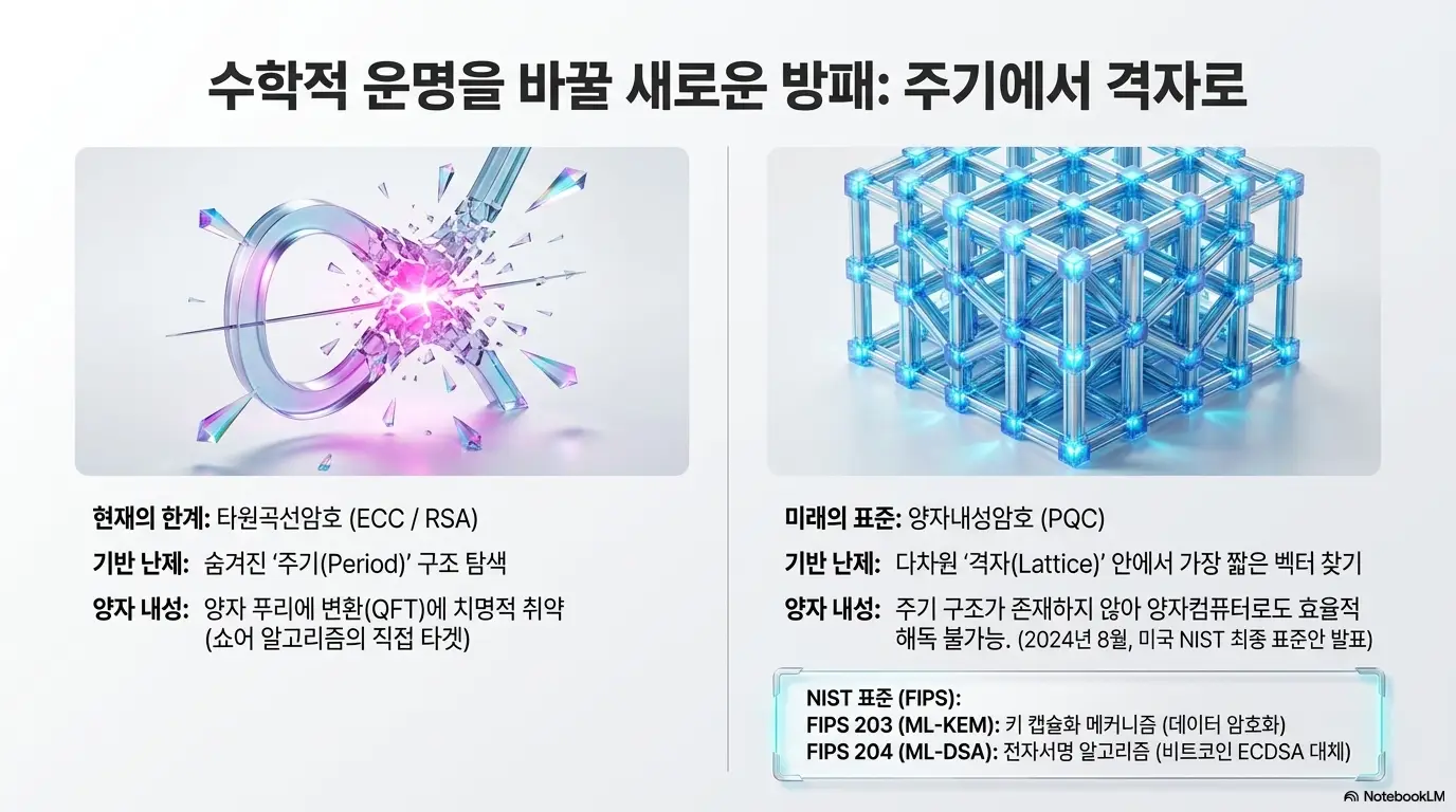 양자컴퓨터 비트코인 위협: 수학적 운명을 바꿀 새로운 방패 주기에서 격자로. 현재 ECC/RSA의 주기 구조 취약점과 양자내성암호 PQC 격자 기반 난제의 양자 내성을 비교하고 NIST 표준 ML-KEM FIPS 203과 ML-DSA FIPS 204를 정리한 인포그래픽 (PQC Lattice vs ECC Period NIST ML-KEM ML-DSA Standard)