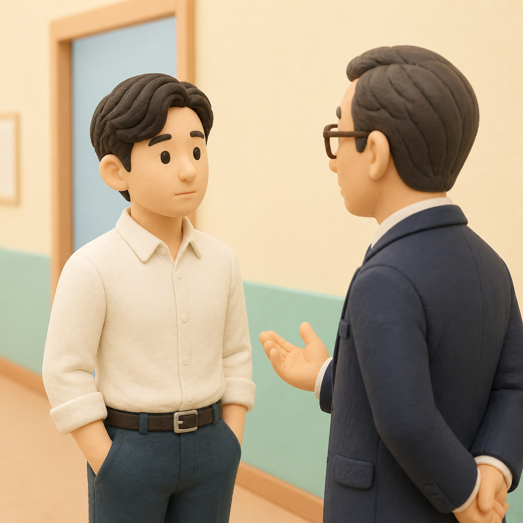 사무실 복도에서 상사와 마주 서서 이야기를 듣는 30대 남성
