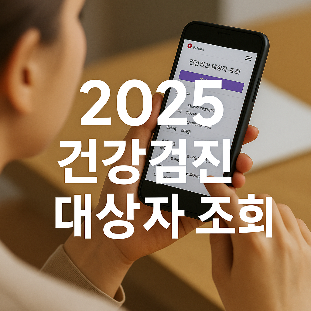 스마트폰으로 건강검진 대상자 조회 화면을 확인 중인 사람과 '2025 건강검진 대상자 조회'라는 안내 문구가 강조된 모습