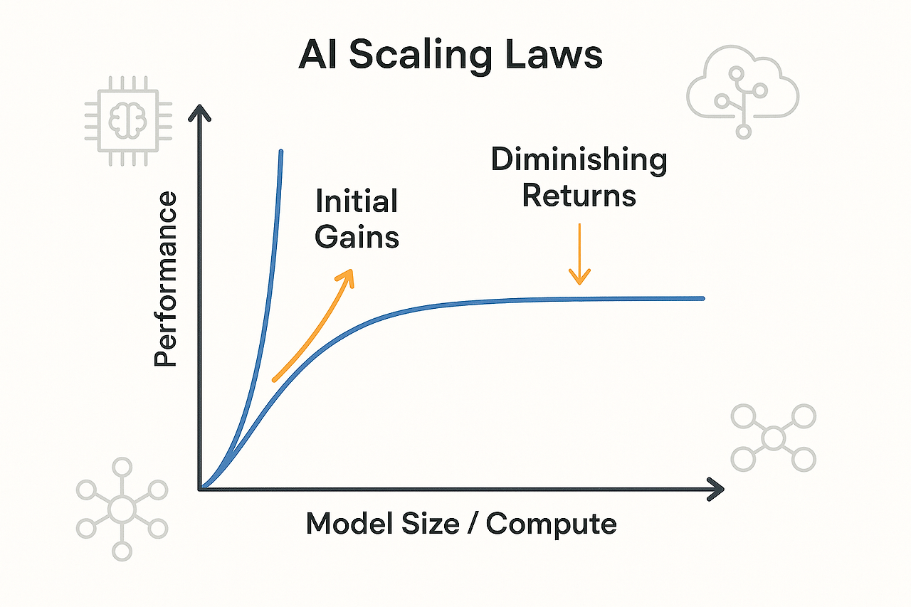 AI 스케일링 법칙의 수확 체감 현상을 설명하는 개념도