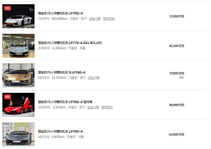 람보르기니 아벤타도르 중고차 가격 시세표 연비