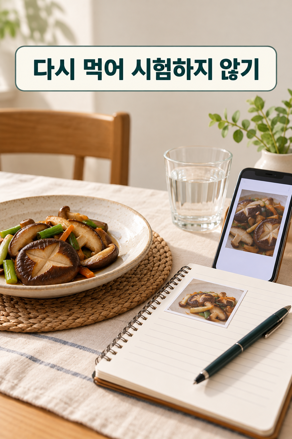 표고 요리와 요리 사진, 기록지를 함께 둔 모습
