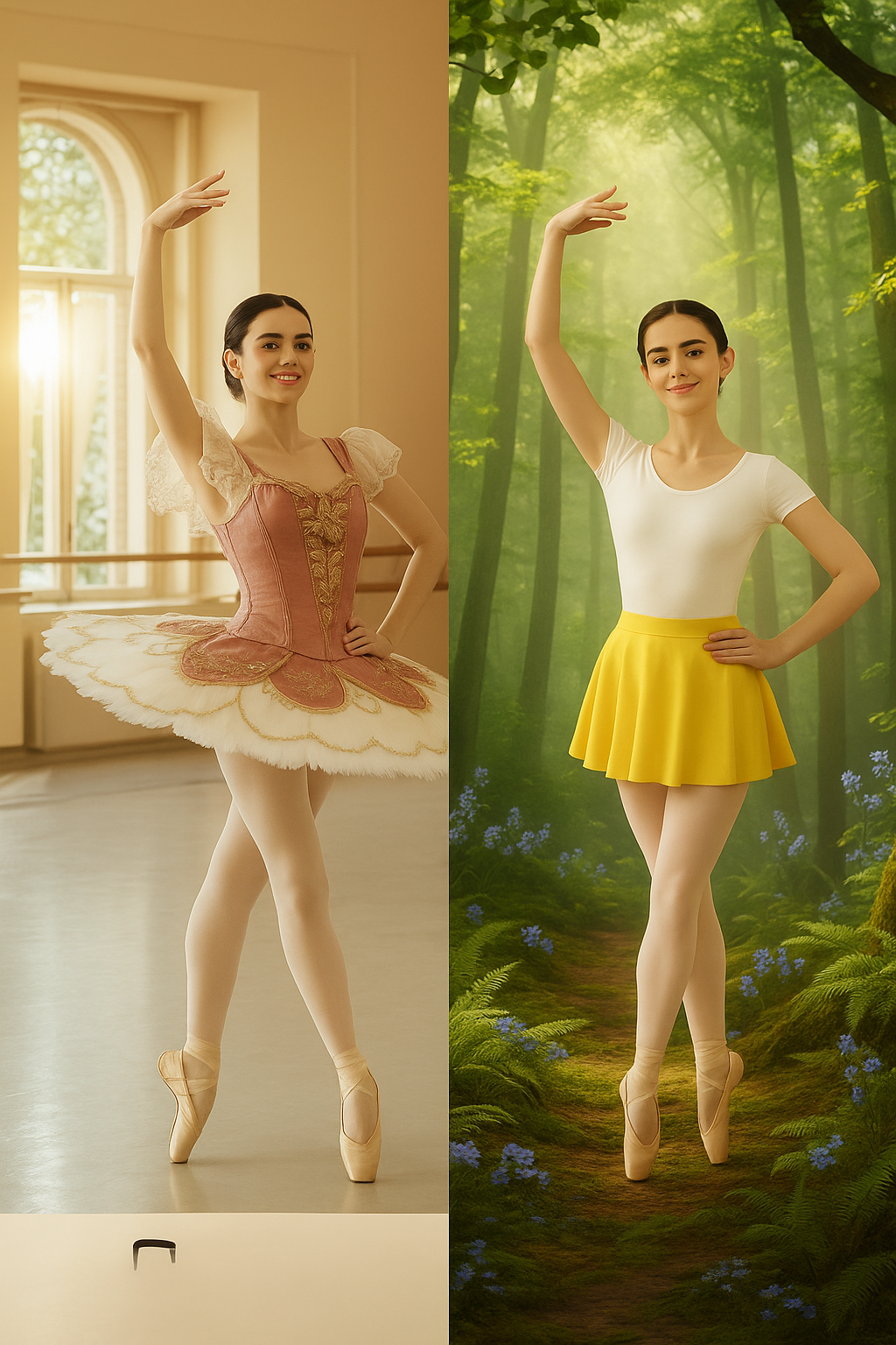 나노바나나 AI로 변환된 발레리나 이미지 비교. 왼쪽은 실내 발레 스튜디오의 원본 발레복 착용 하반신, 오른쪽은 숲속에서 노란 미니스커트와 흰 티셔츠를 입고 변형된 하반신.
[대체 텍스트 작성 시 고려 사항]