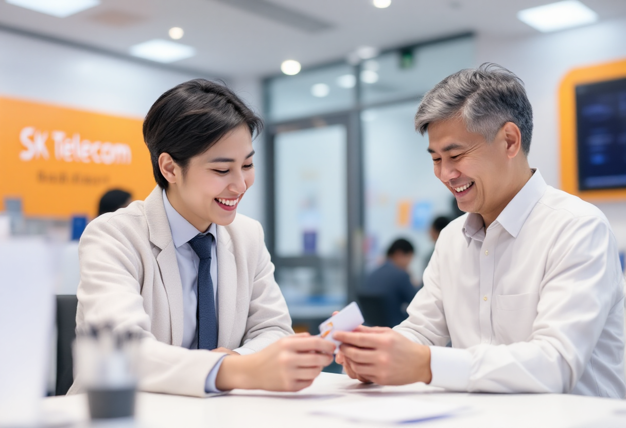 T월드 매장에 유심칩 재설정을 안내받고 있는 이미지