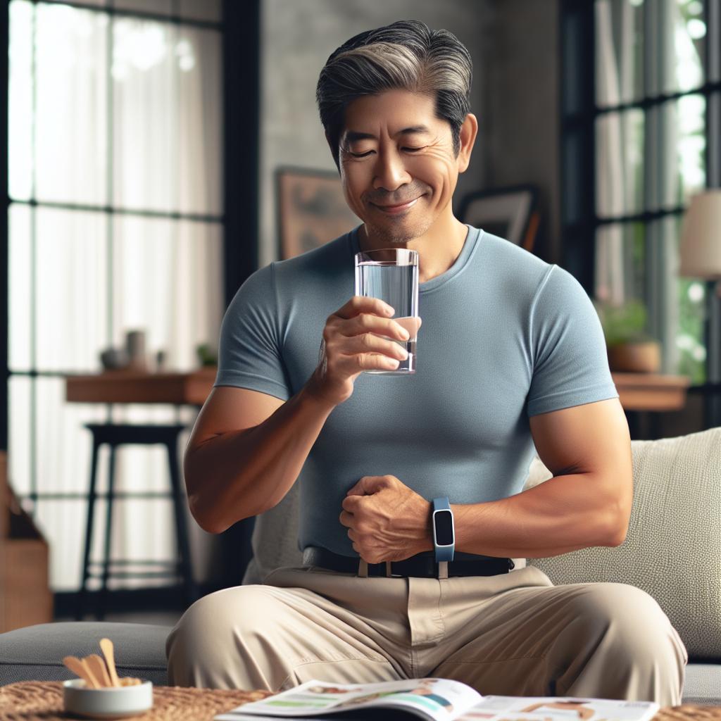 다이어트에 좋은 물 마시는 방법을 생각하며 마시려 하는 남성의 모습