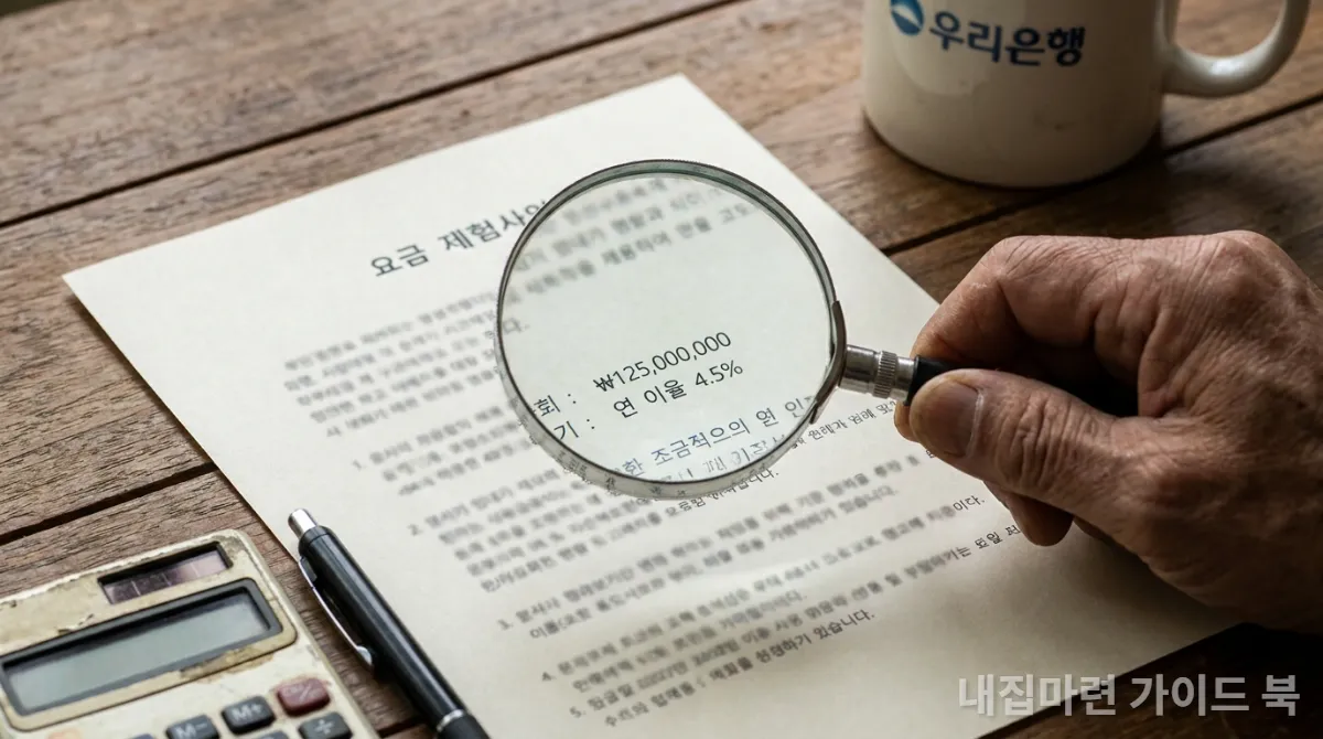 은행 명세서를 돋보기로 자세히 확인하는 손