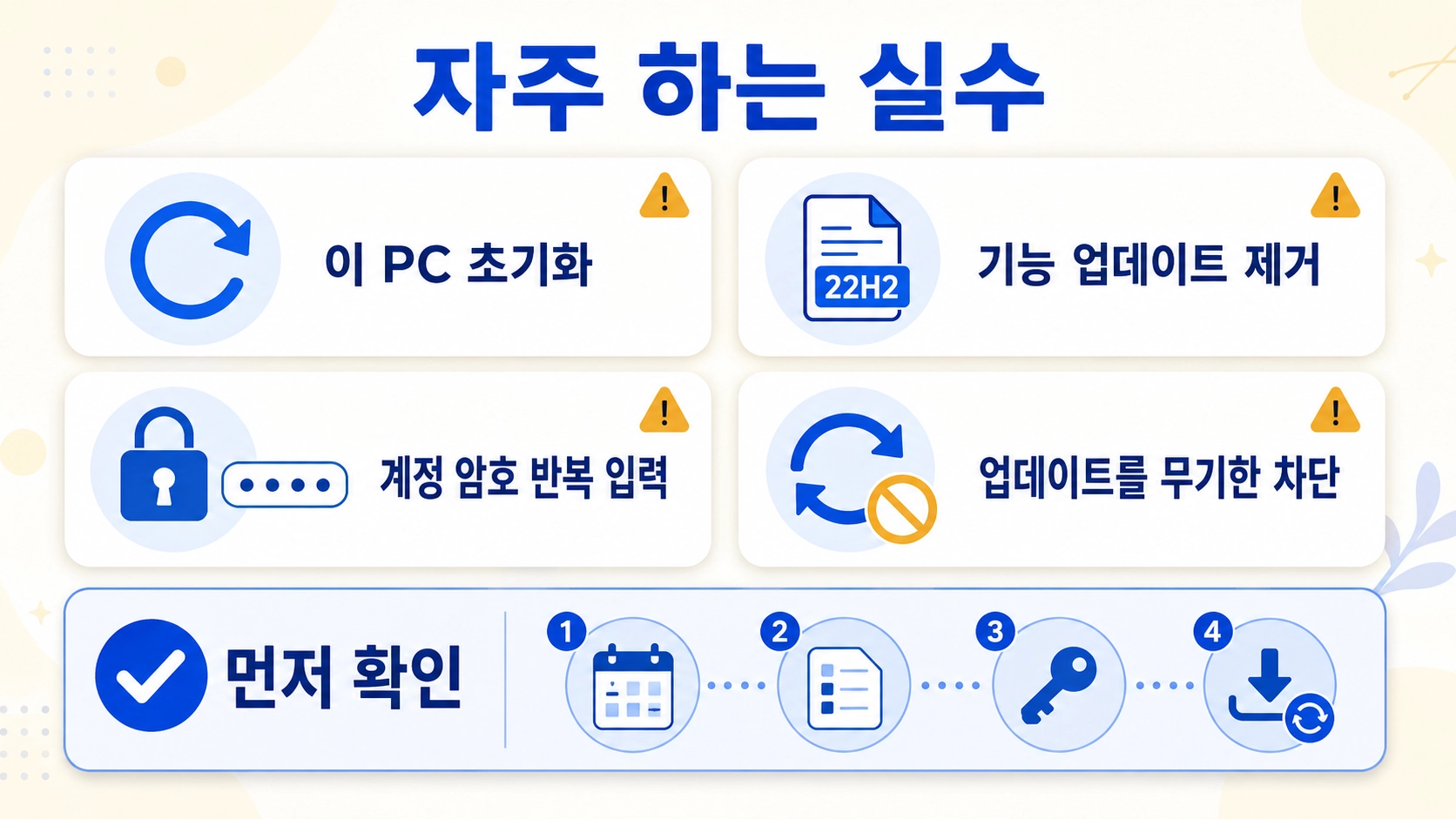 초기화 선행, 업데이트 종류 오선택, 계정 암호 반복 입력, 영구 차단 실수를 정리한 주의 카드