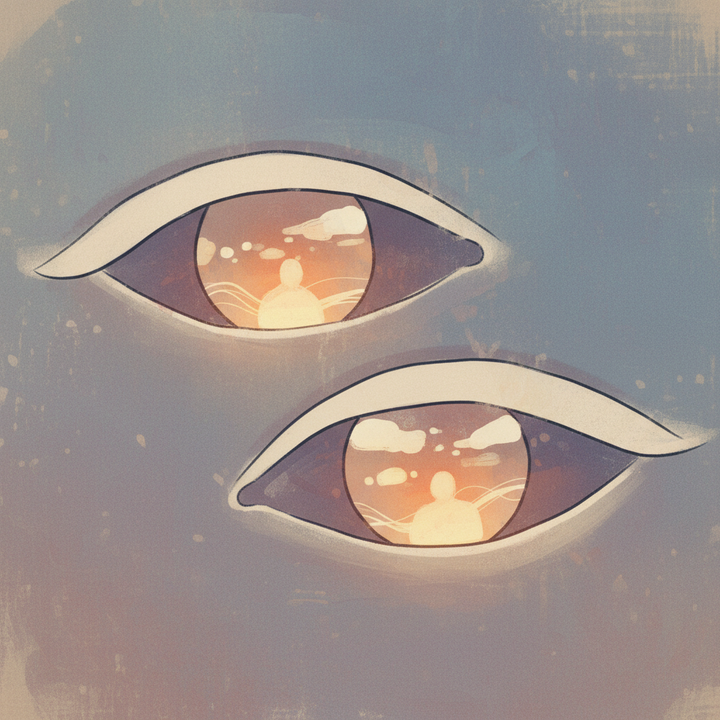 피터 가브리엘의 "In Your Eyes"에서 영감을 받은 따뜻하고 희망찬 분위기의 이미지. 부드러운 빛이 깃든 눈동자 속에 사랑과 평화의 메시지가 담겨 있다.