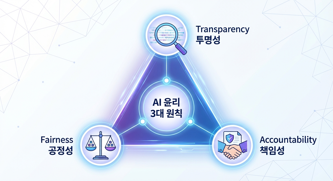 AI 윤리의 3대 핵심 원칙인 공정성, 투명성, 책임성을 아이콘으로 시각화하여 연결한 인포그래픽