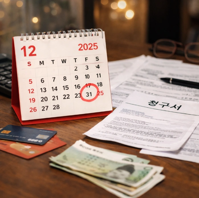 12월 31일 마감을 앞두고 정부지원금 서류와 카드, 달력이 놓인 책상 위 연말 상황