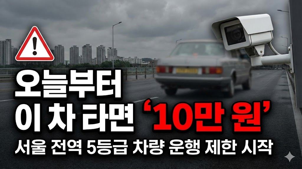 회색빛 도시 도로와 단속 카메라, 경고장 아이콘으로 긴박한 분위기를 연출하고, "오늘부터 이 차 타면 '10만 원'"이라는 강력한 카피를 붉은색으로 강조하여 운전자들의 시선을 사로잡고 클릭을 유도합니다.