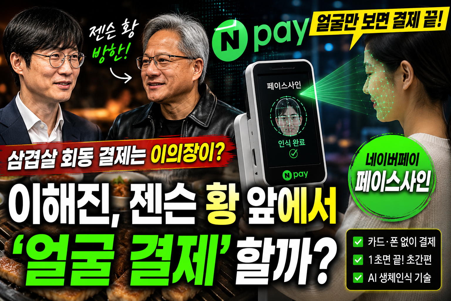 식당 결제 단말기 앞에서 얼굴 인식으로 네이버페이 결제가 진행되는 장면과 AI 핀테크 기술을 상징적으로 표현한 정보공유형 썸네일 이미지