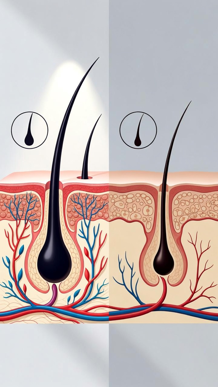 건강한 두피와 탈모가 진행 중인 두피의 단면을 비교한 인포그래픽 이미지. 왼쪽은 굵고 튼튼한 모발과 활발한 혈관이 연결된 건강한 모낭을 보여주며, 오른쪽은 모발이 가늘어지고(연모화) 모낭의 크기가 축소된 탈모 상태를 시각적으로 대비하여 보여줌.