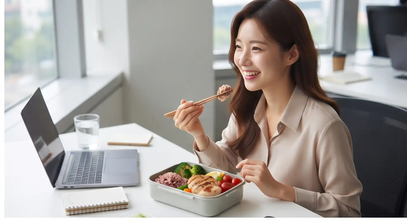 사무실 책상에서 노트북을 켜두고 건강한 도시락 식단을 맛있게 먹는 여성 직장인
