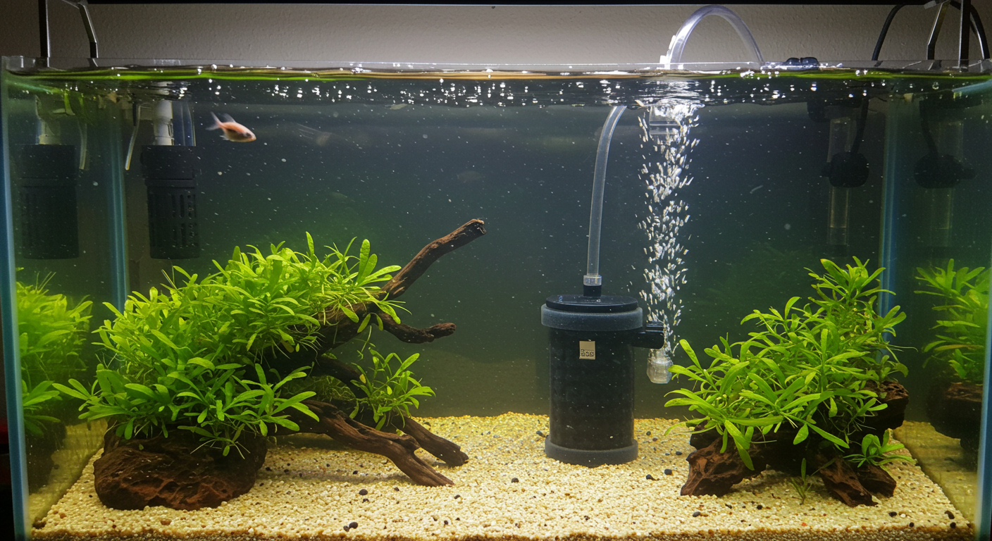 초보자에게 적합한 스폰지 여과기가 설치되어있는 수조 사진