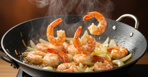 새우와 양파를 볶고 있다.
