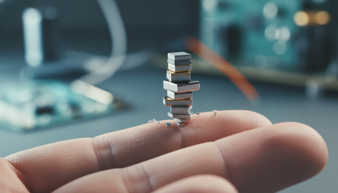 손가락 위에 올려진 초소형 적층세라믹콘덴서(MLCC)의 매크로 확대 사진