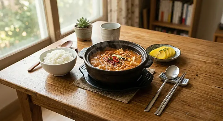 김치찌개 1인분 완성 밥상 &mdash; 뚝배기 찌개, 흰 쌀밥, 반찬이 놓인 혼밥 상차림