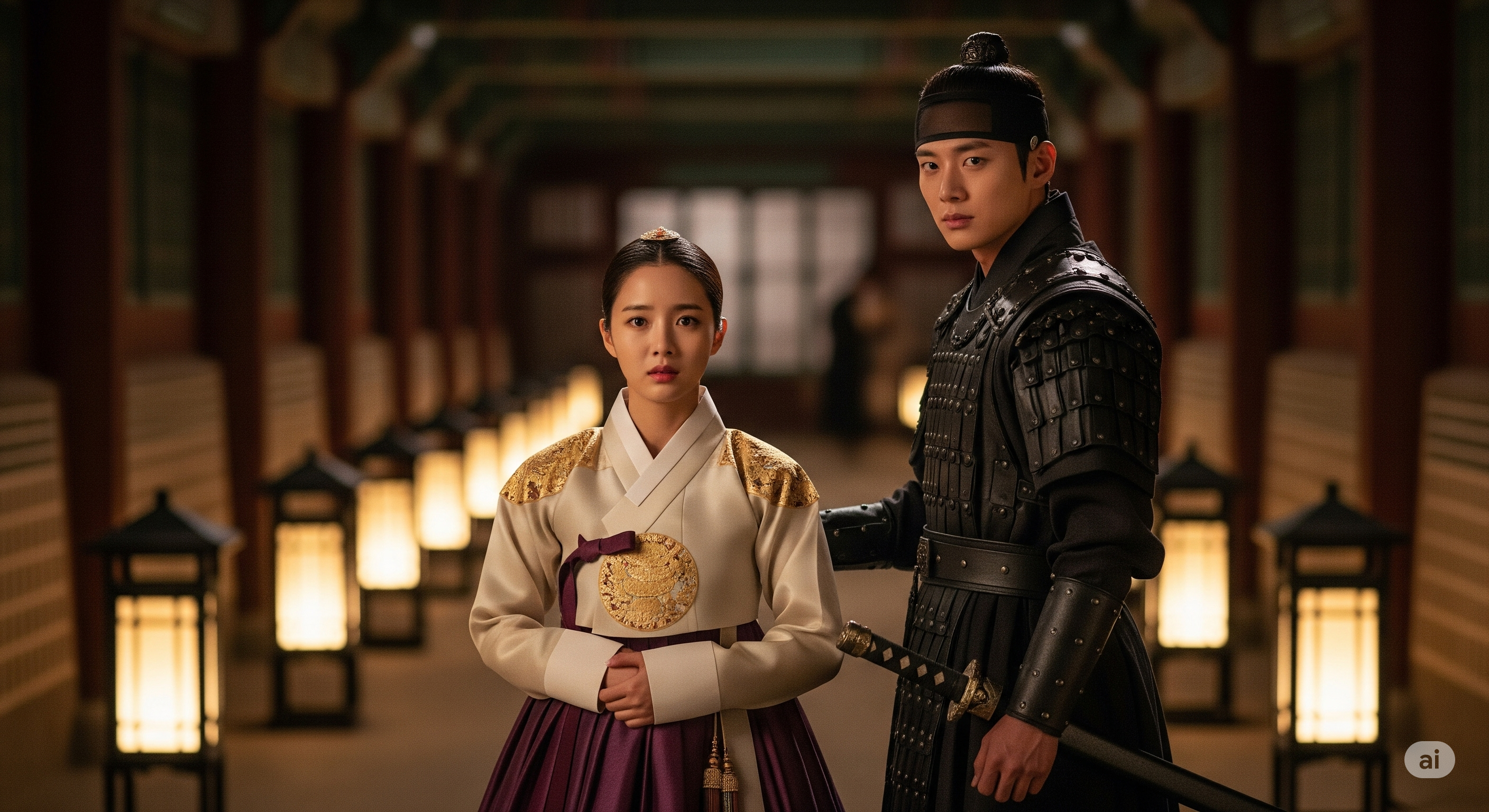 The loyal and loving gaze of a bodyguard protecting a noble lady in a palace corridor