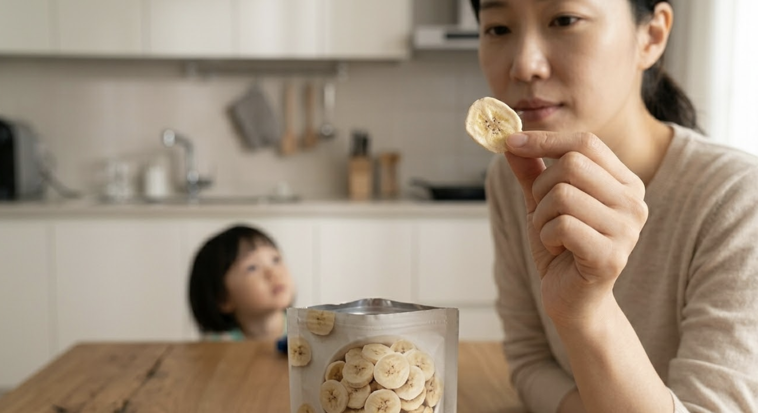 동결건조 바나나칩을 들고 있는 엄마의 모습과 그걸 바라보는 아이의 모습