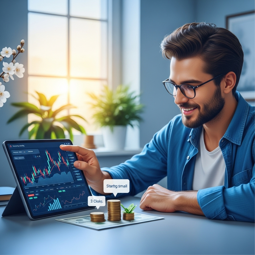 소액으로 ETF 투자를 시작하는 초보 투자자가 노트북 화면을 보며 스마트하게 자산을 관리하는 모습, 밝고 희망찬 분위기