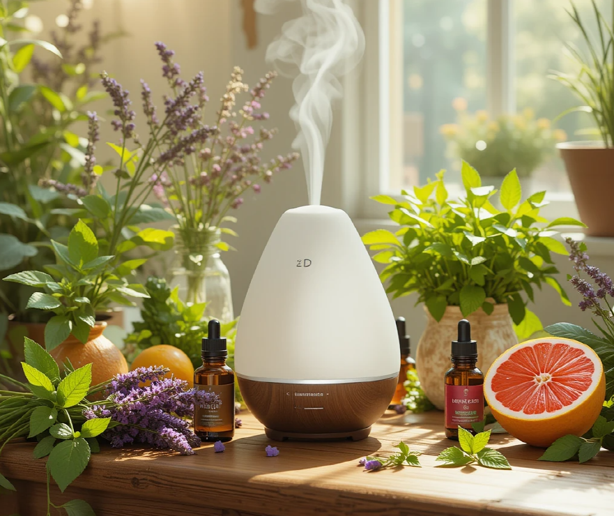 여름철 햇살이 들어오는 밝은 실내에서 디퓨저나 아로마 오일 병