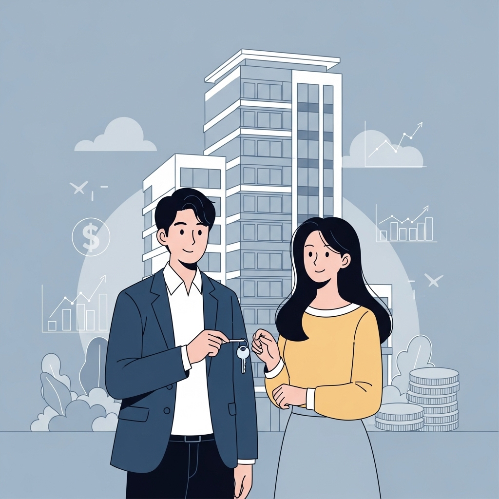 30대 맞벌이 신혼부부가 집 열쇠를 들고 밝게 웃으며 아파트 앞에 서 있는 모습