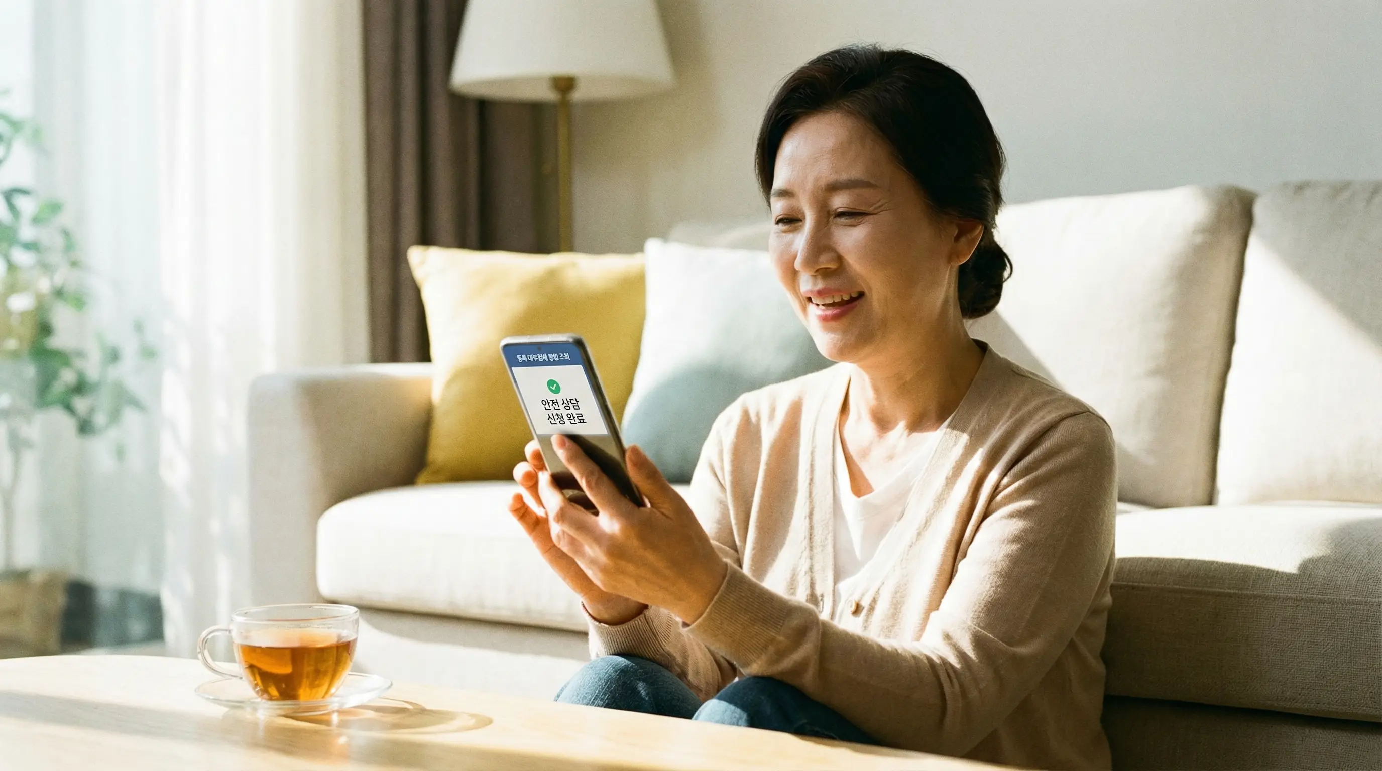 스마트폰으로 정식 등록 대부업체를 조회하고 안전하게 대출 상담을 신청하는 안도하는 모습