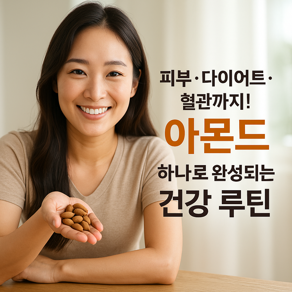 나무 테이블 위에 올려진 한 줌의 아몬드와 미소 짓는 한국 여성