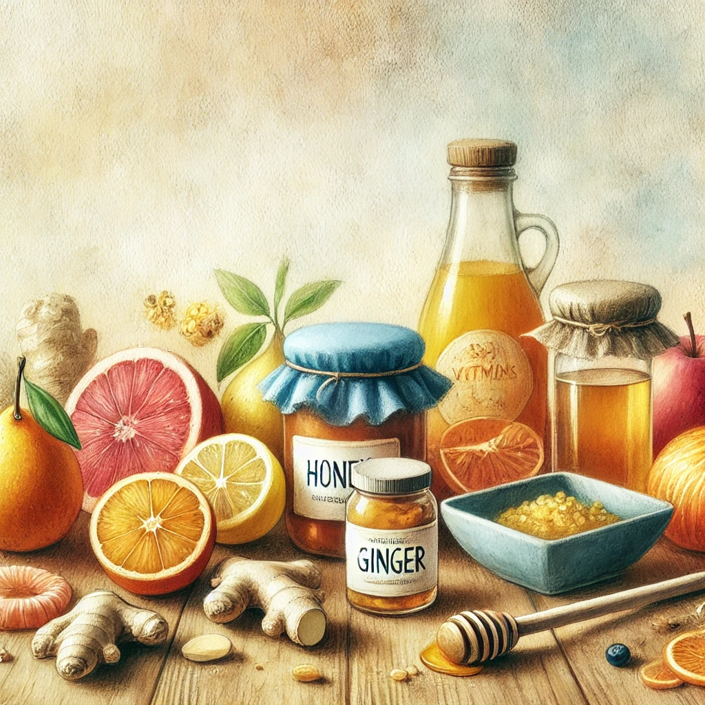 면역력을 높이는 음식과 건강 기능 식품이 놓인 따뜻한 분위기의 테이블