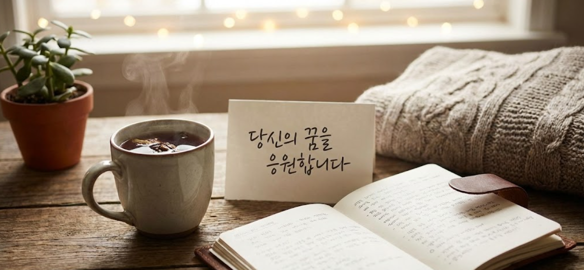 '당신의 꿈을 응원합니다'라는 문구가 적힌 따뜻한 차 한 잔과 다이어리