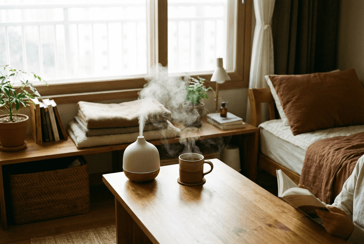 책상 위에 작은 가습기와 따뜻한 차가 담긴 머그컵이 함께 놓여 있고, 창밖으로 환절기 하늘이 보이는 아늑한 방
