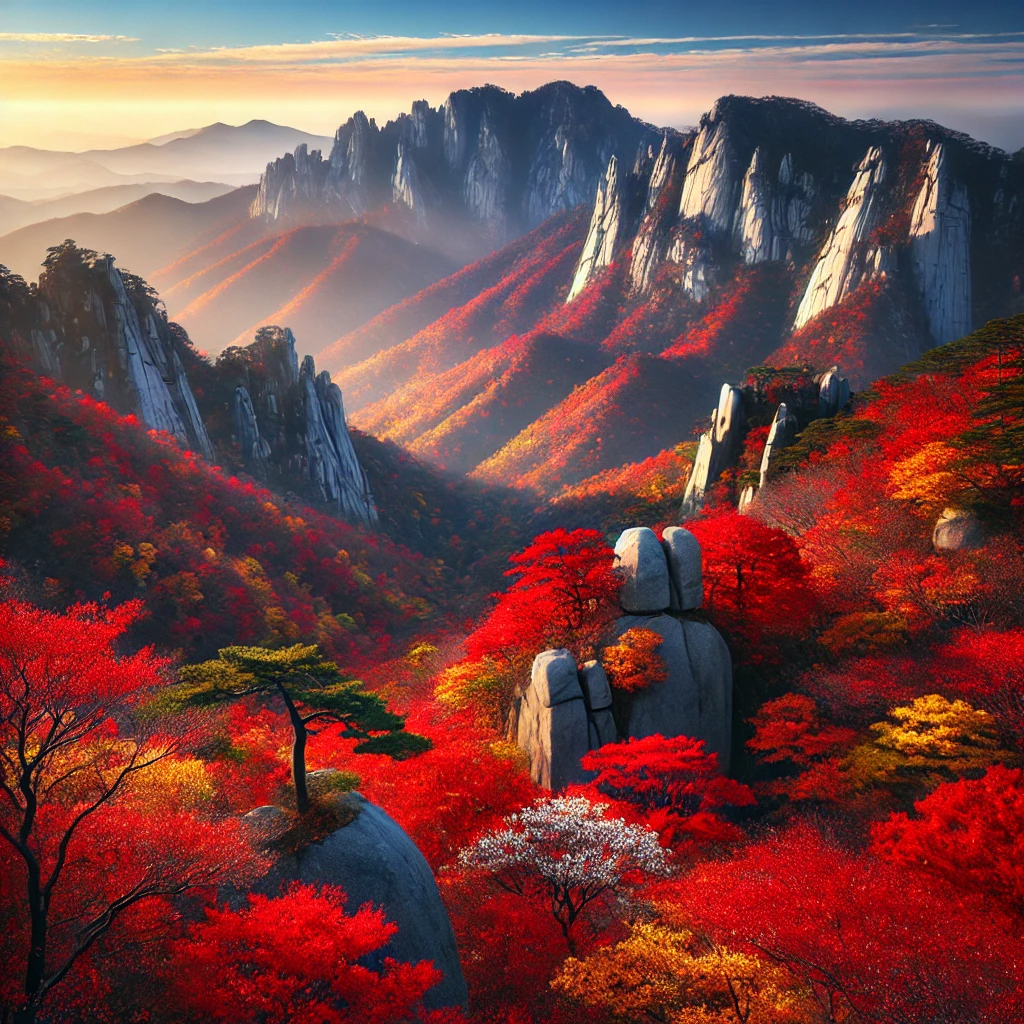 북한산의 가을 풍경&amp;#44; 울긋불긋한 단풍이 물든 나무들과 파란 하늘 아래 솟은 산봉우리