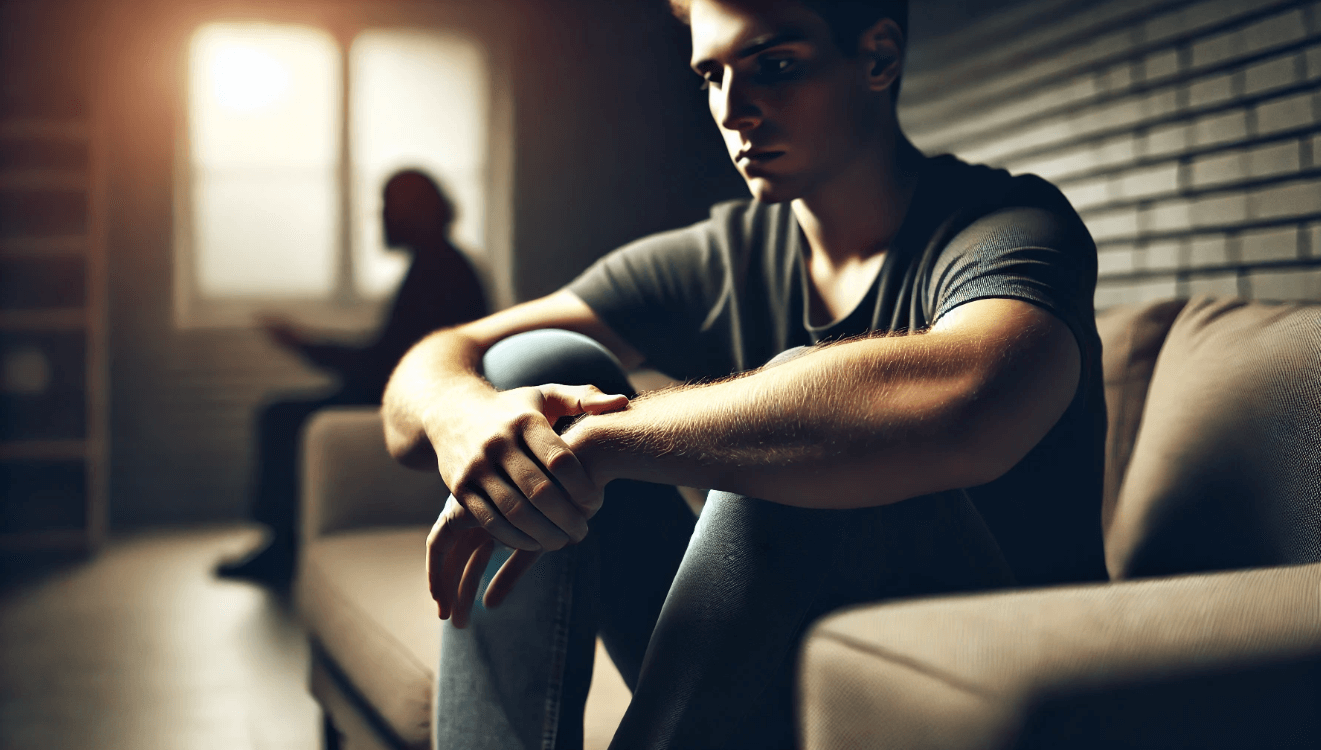 어두운 방 안에서 혼자 앉아 깊은 생각에 잠긴 남성