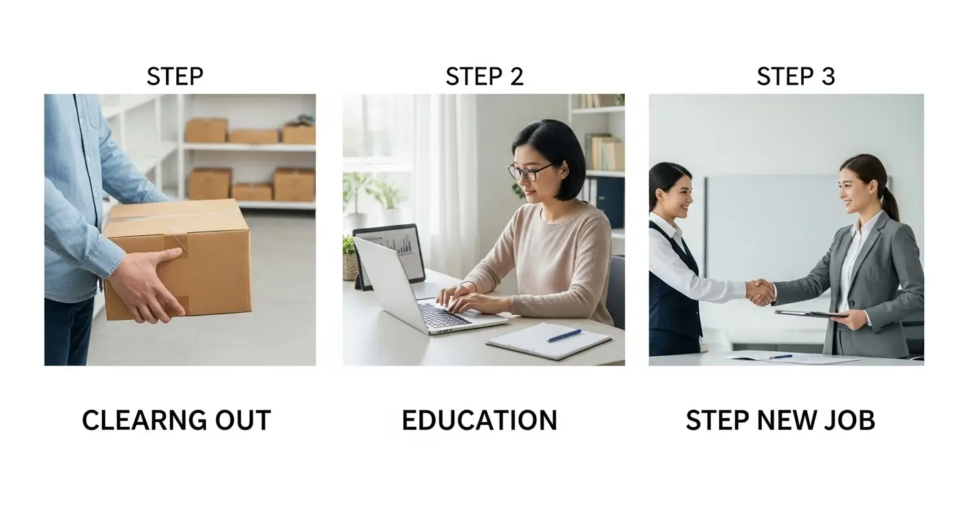 희망리턴패키지의 3단계 과정(점포 철거, 재기 교육, 취업 성공)을 보여주는 로드맵 이미지