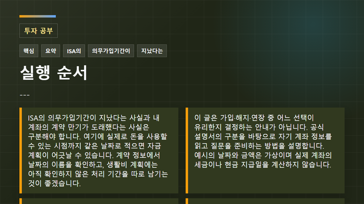 --- 실행 순서: ISA의 의무가입기간이 지났다는 사실과 내 계좌의 계약 만기가 도래했다는 사실은 구분해야 합니다. 여기에 실제로 돈을 사용할 수 있는 시점까지 같은 날짜로 적으면 자금 계획이 어긋날 수 있습니다. 계약 정보에서 날짜의 이름을 확인하고, 생활비 계획에는 아직 확인하지 않은 처리 기간을 따로 남기는 것이 좋겠습니다.; 이 글은 가입·해지·연장 중 어느 선택이 유리한지 결정하는 안내가 아닙니다. 공식 설명서의 구분을 바탕으로 자기 계좌 정보를 읽고 질문을 준비하는 방법을 설명합니다. 예시의 날짜와 금액은 가상이며 실제 계좌의 세금이나 현금 지급일을 계산하지 않습니다.; 1. 공식 설명서에서 기간과 만기 구분하기