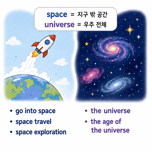우주여행에는 space, 우주 전체에는 universe를 사용하는 차이를 보여주는 이미지